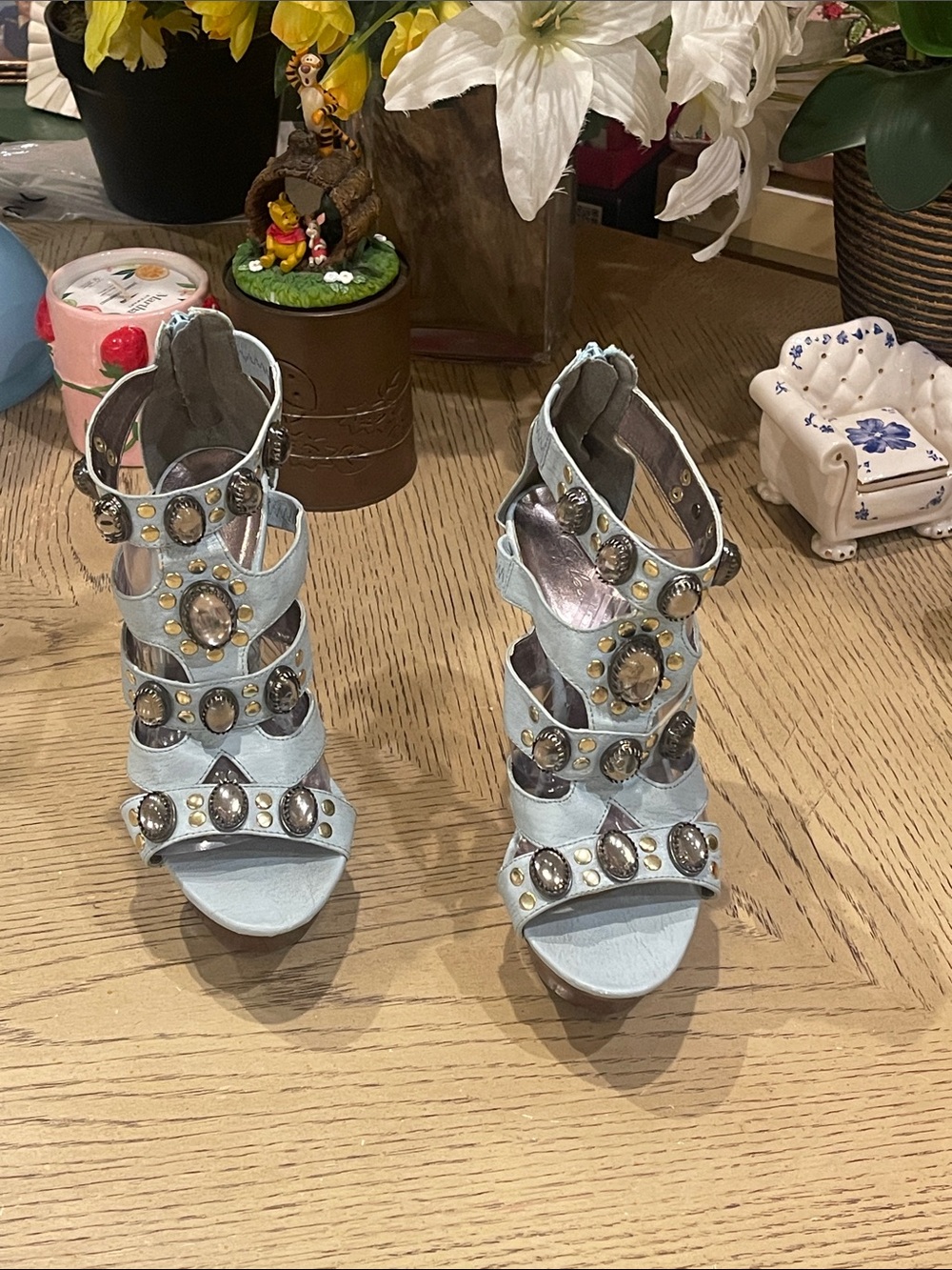 Celeste Light Blue Jeweled Strappy High Heel Sandals